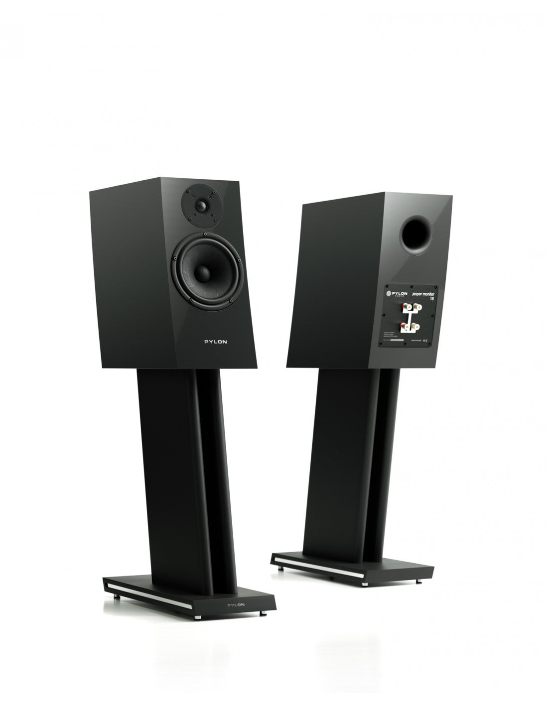 Black monitor speaker pair with front tweeter and woofer, angled on stands