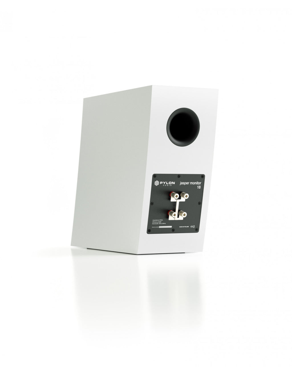 White studio monitor speaker with front driver and rear connection panel
