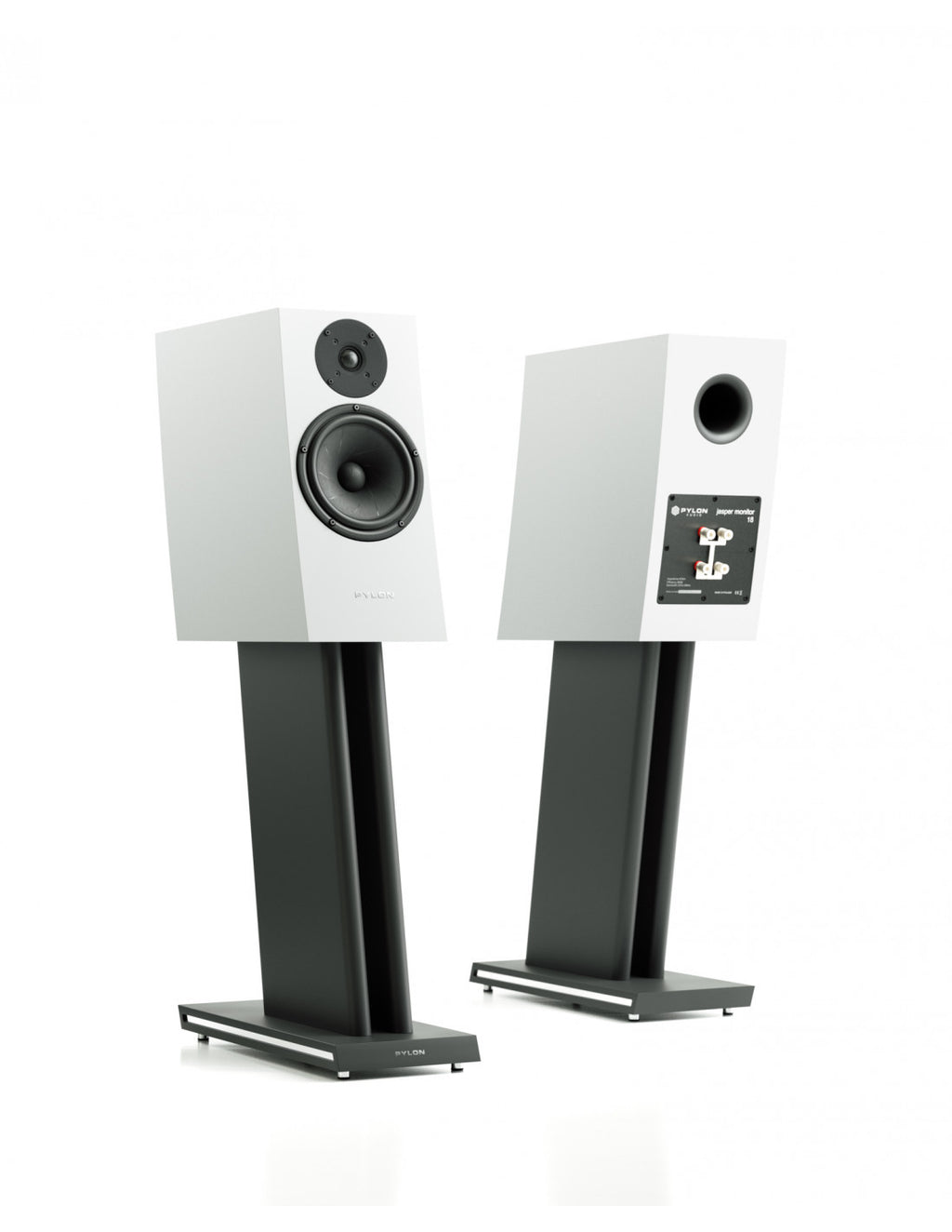 White monitor speaker pair with front tweeter and woofer on floor stands