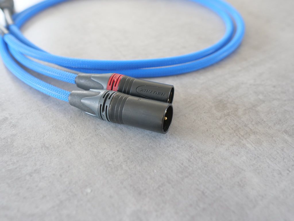 Blue XLR audio cable with two gray-black connectors and red band near plug