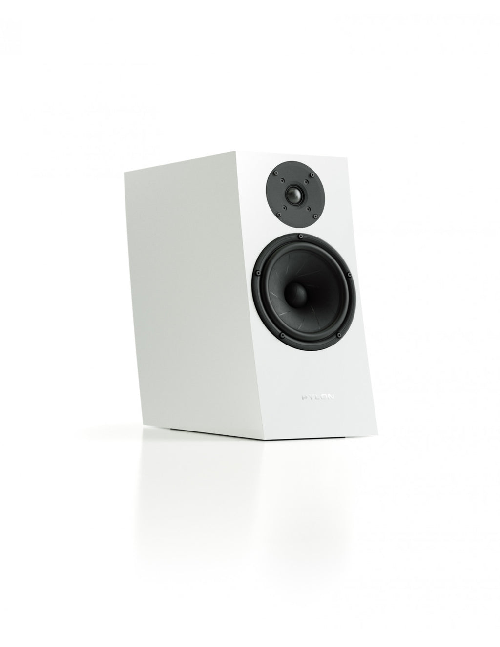 White studio monitor speaker with visible woofer and tweeter