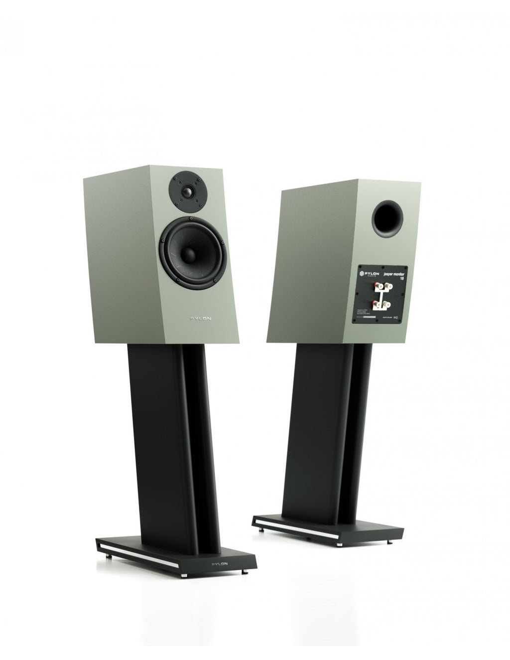 Pair of white studio monitor speakers on black stands