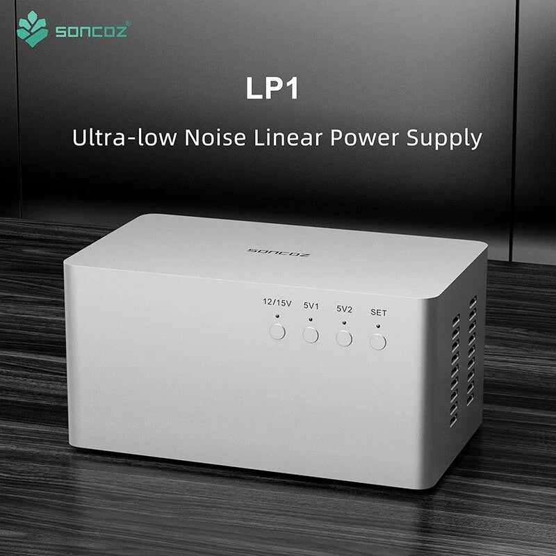 White/silver linear power supply with front voltage selection knobs and vent slots