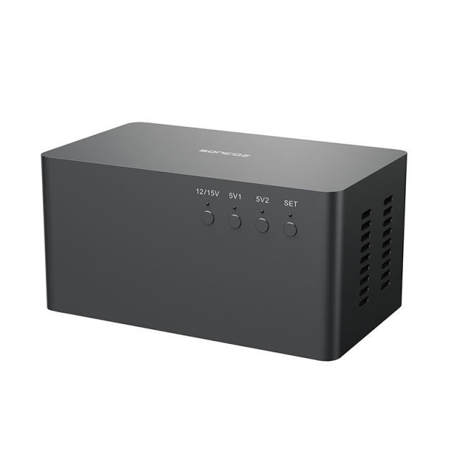 Black linear power supply with front voltage knobs and right-side vent openings