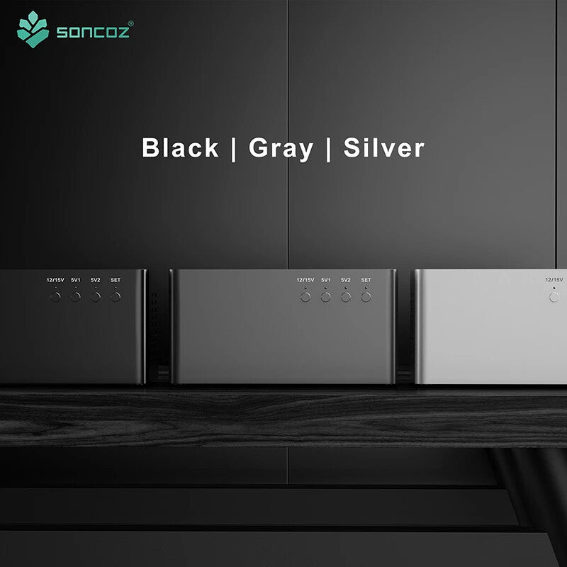 Linear power supply in black, gray, and silver color options shown side by side
