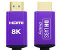 Purple HDMI 8K optical hybrid HDMI cable connector plug with printed HDMI and 8K labels