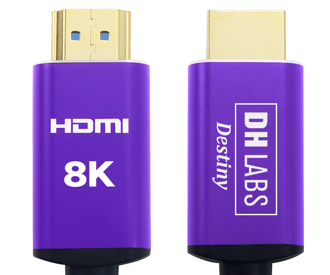 Purple HDMI 8K optical hybrid HDMI cable connector plug with printed HDMI and 8K labels