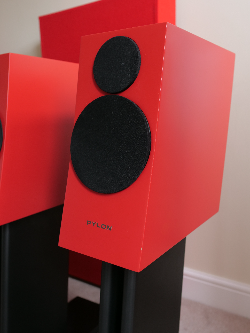 Red Pylon Audio Jasper 18 loudspeaker with black tweeter and midrange drivers