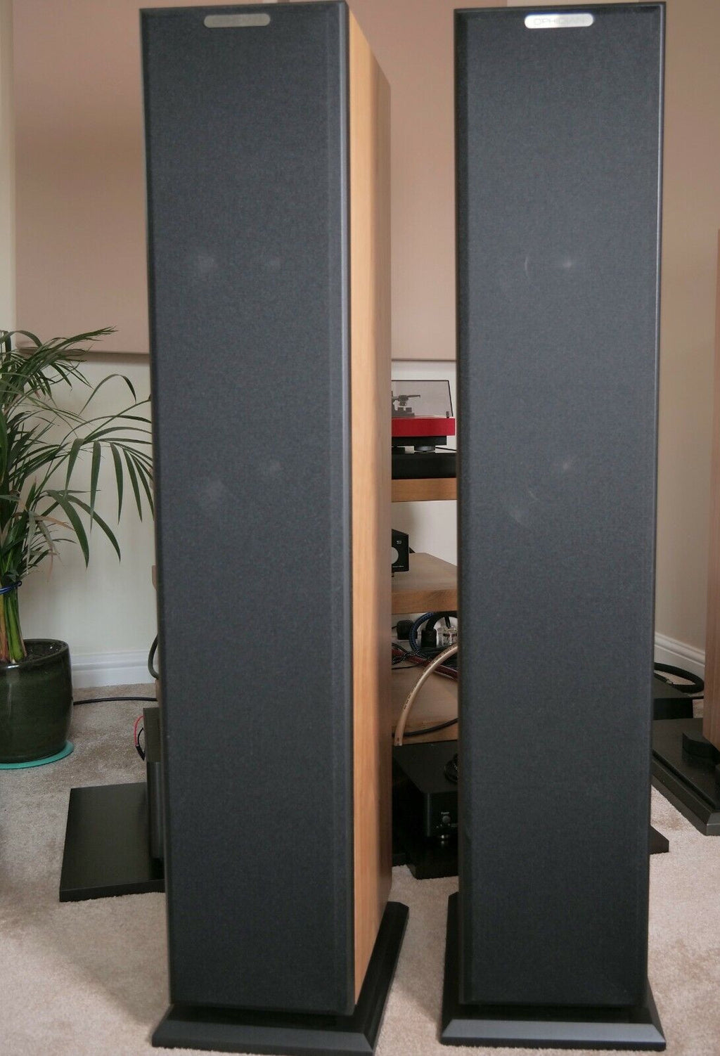Black rear panels of floor-standing speakers with vented grille