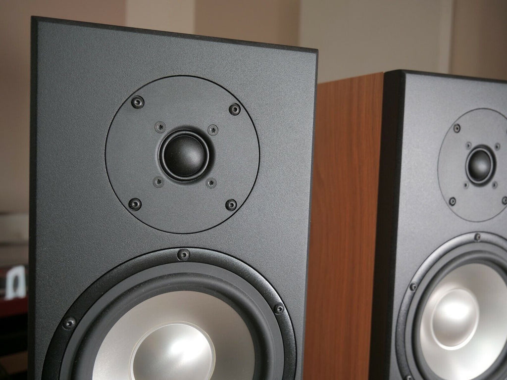 Black speaker front baffle with tweeter and large woofer driver