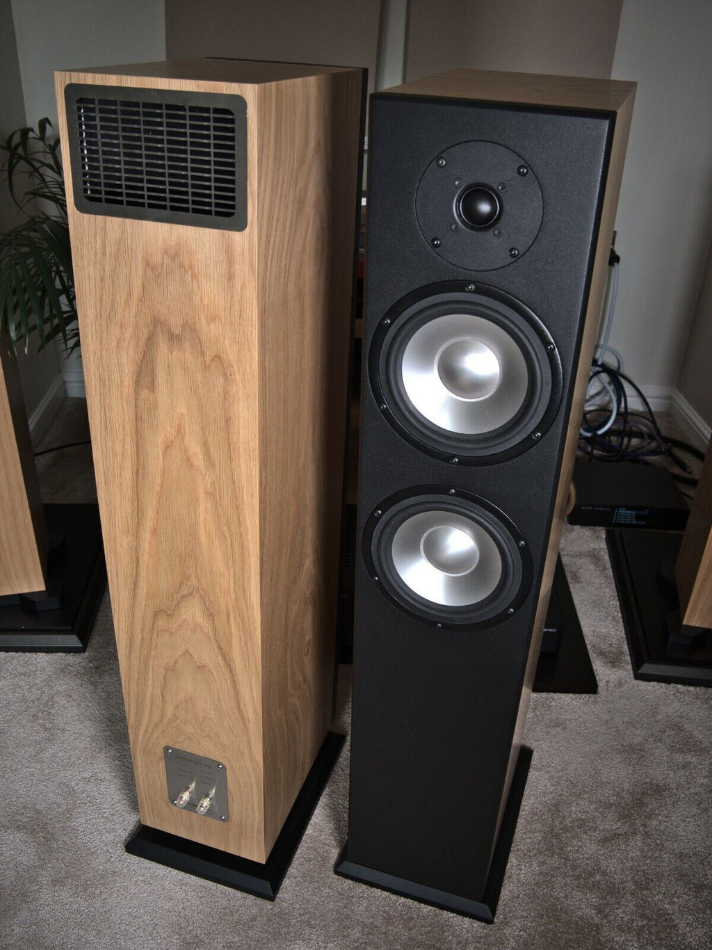 Wood and black floor-standing speakers standing side by side