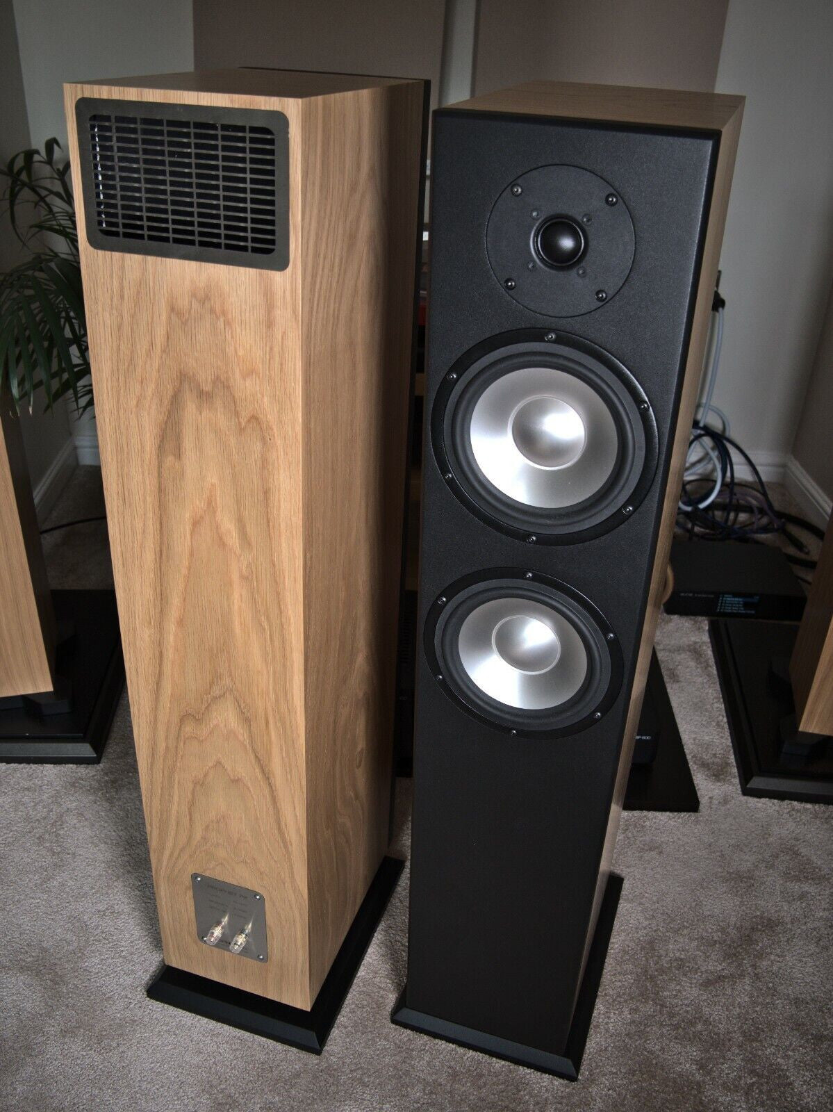 Wood and black floor-standing speakers standing side by side