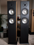 Black floor-standing speaker cabinets with two round drivers each