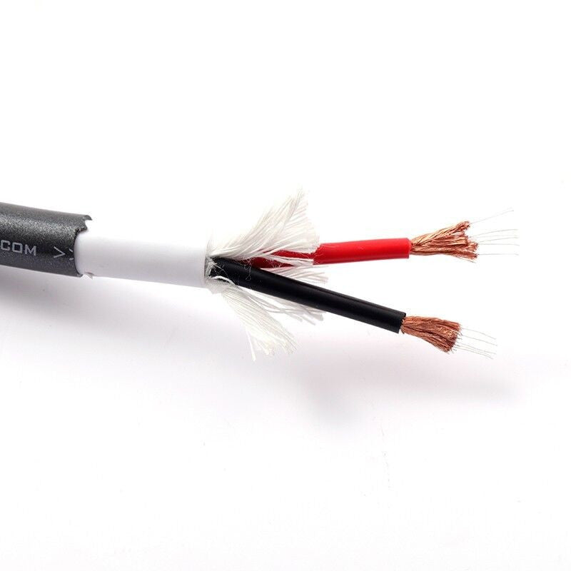 Two-conductor electrical cable with red and black wires, black outer jacket