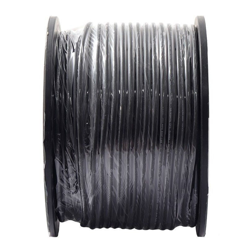 Spool of black electrical cable with tightly wound coiled wire