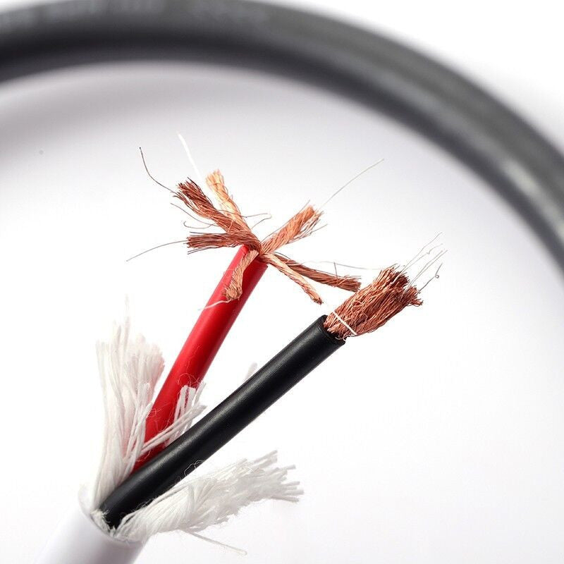 Two-conductor cable end with exposed strands and red/black conductors