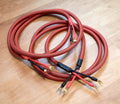 Red braided audio cables with gold-plated banana plugs and black connector ends