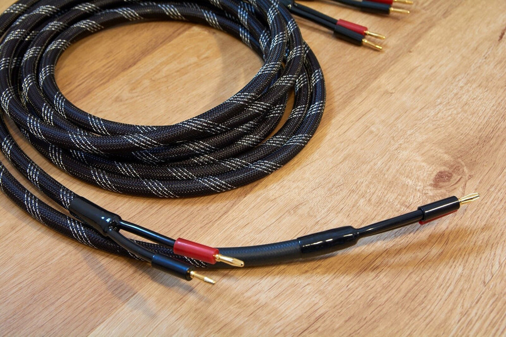 Looped braided audio cable with gold banana plugs and red-black connector ends