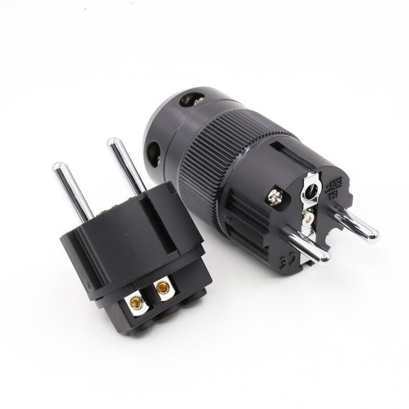 Rhodium-plated Schuko plug, black housing with two pins and side earthing contact