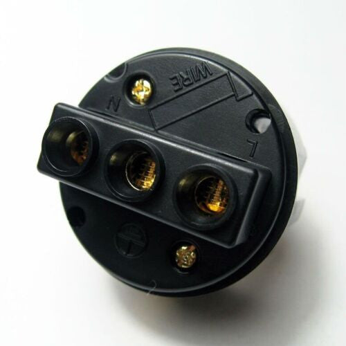Rhodium-plated Schuko plug face with three circular gold-toned contacts