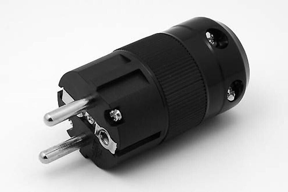 Rhodium-plated Schuko plug with black body and silver earth pin on side