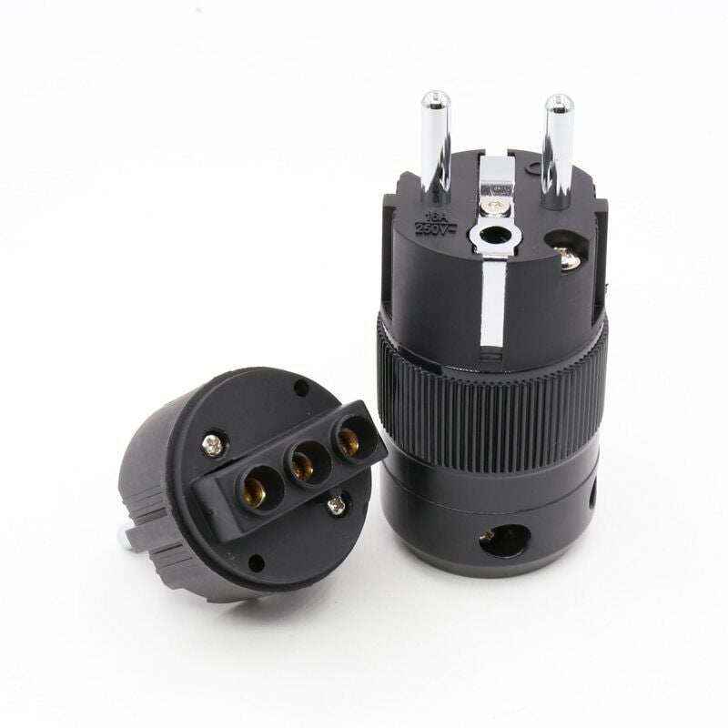 Rhodium-plated Schuko plug pair: front and rear views with gold-toned contacts