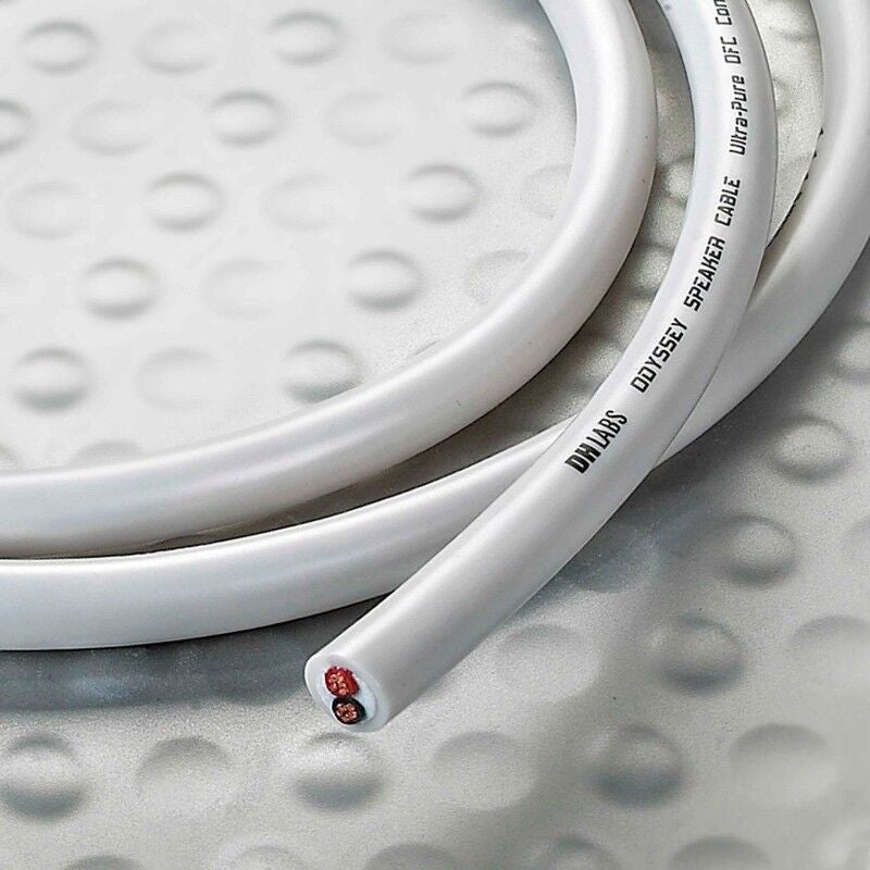 DH-Labs Odyssey light gray audio cable jacket with printed labeling, close-up