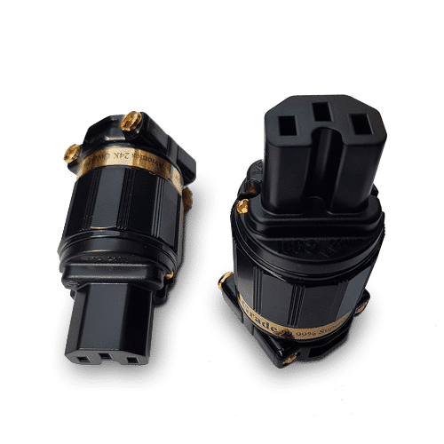 Black power plug adapter with gold-toned pins and connector caps