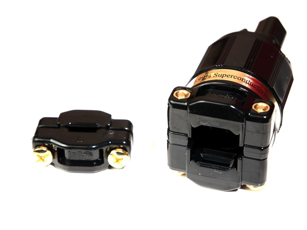 Black power plug adapter with angled three-prong connector and side contacts