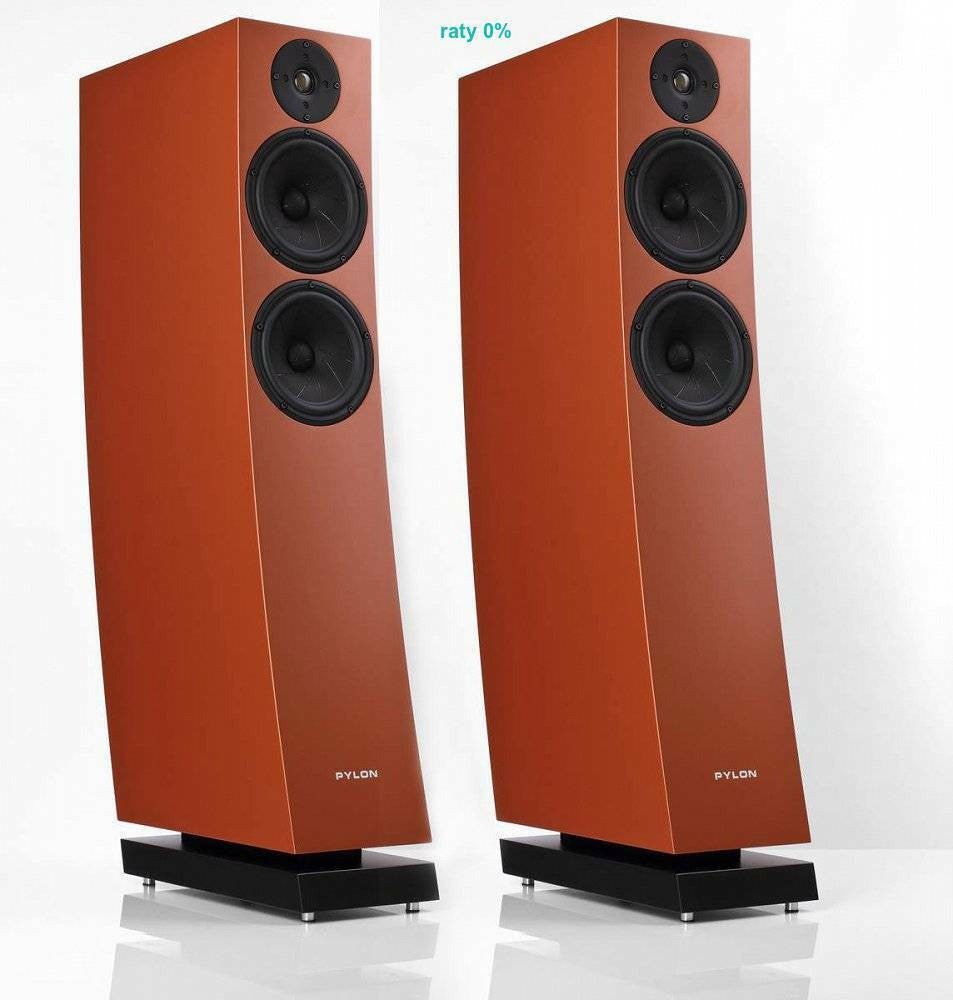 Pair of orange floor-standing speakers with three black drivers each