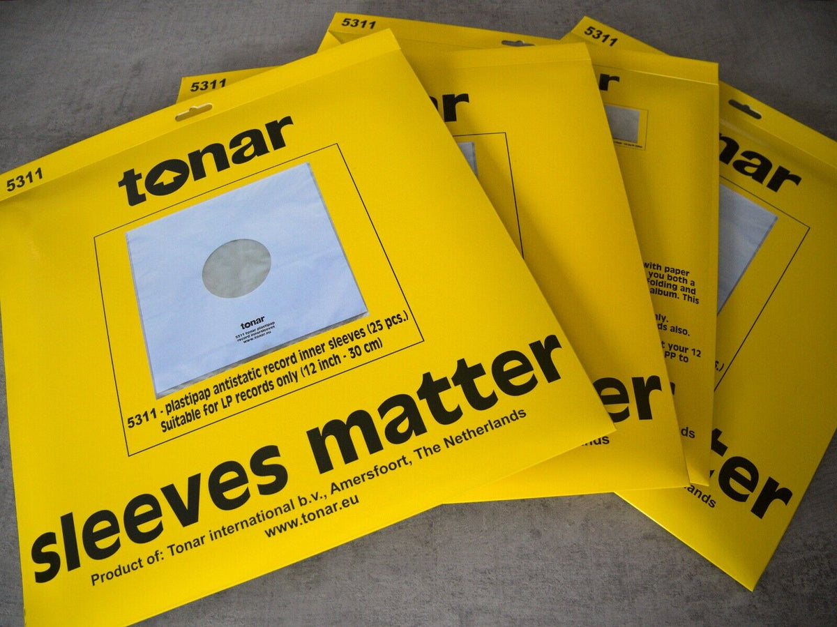 Yellow record sleeves with large "sleeves matter" text and Tonar logo