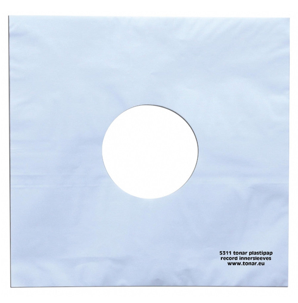 Light blue record sleeve sheet with centered white circle and Tonar info text