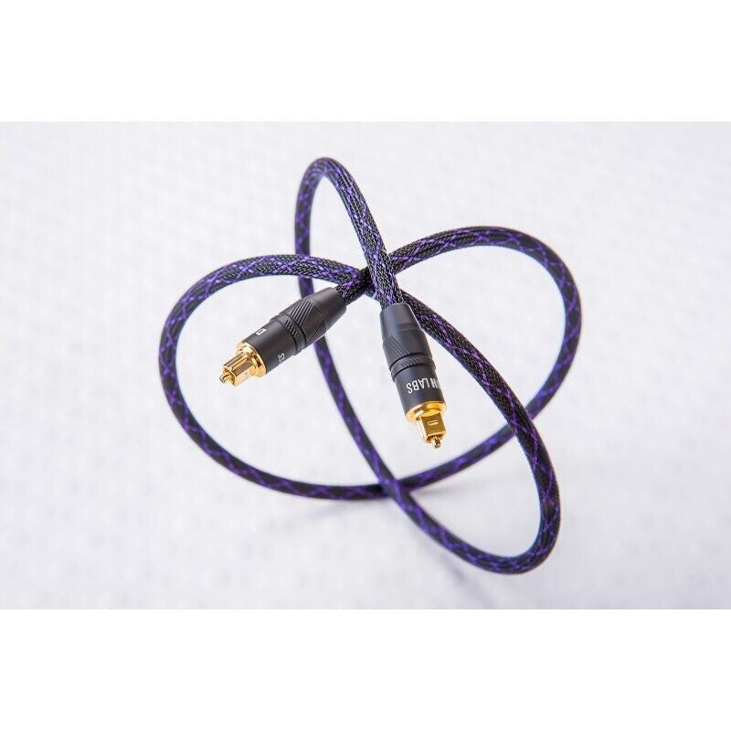 Purple braided audio cable with two gold RCA connectors and black housings
