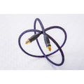 Purple braided audio cable with two gold RCA connectors and black housings