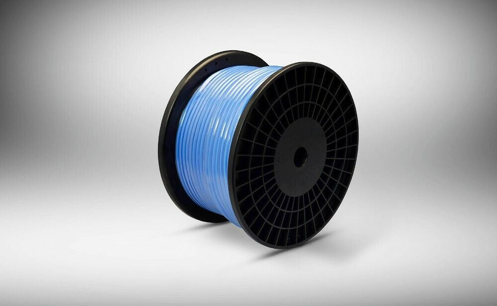Blue electrical wire on black spool with circular mounting hub