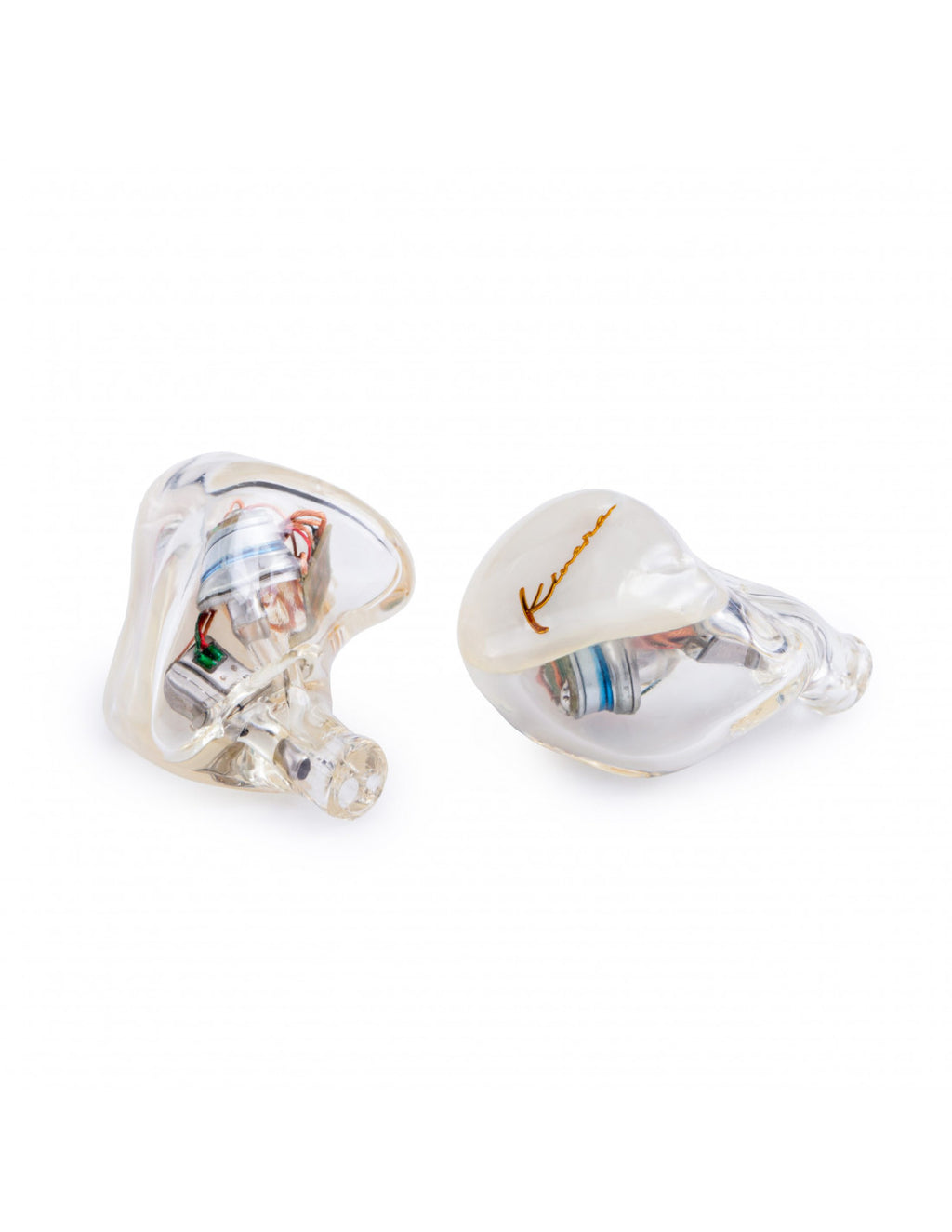 Kinera Idun in-ear earbuds with transparent white shells and gold accent