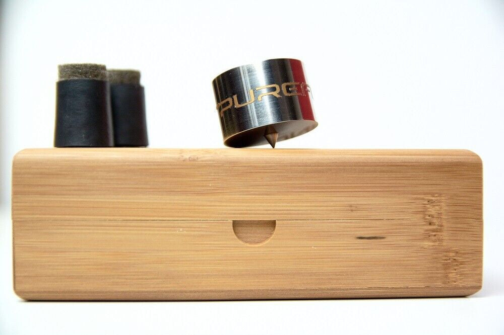 Wooden sound device case with metal roller and dark felt end caps
