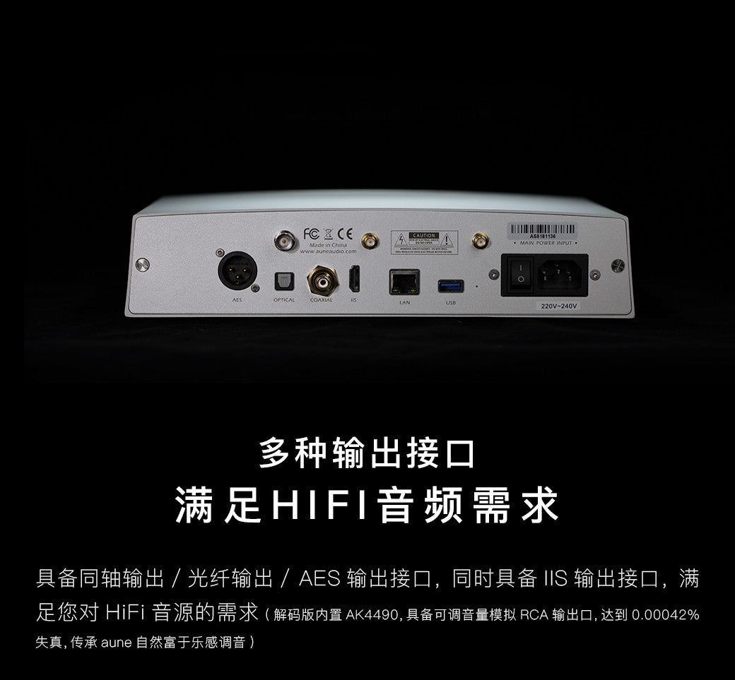 Silver network player transport rear panel with multiple audio and USB ports