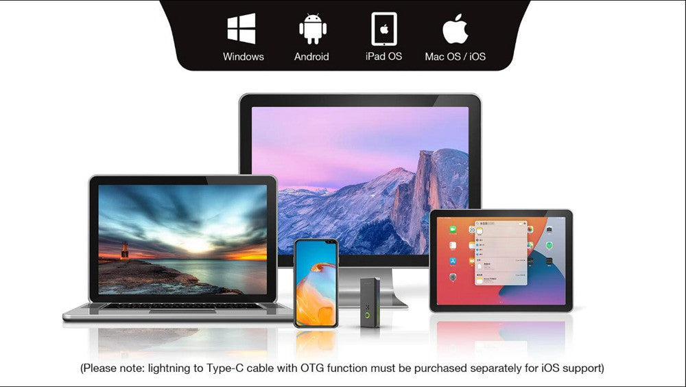 USB audio dongle with compatibility icons for Windows, Android, iOS, and macOS