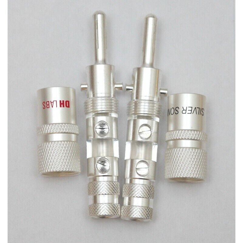 DH-Labs silver thin banana plug connectors, chrome metal with knurled grip (pair)