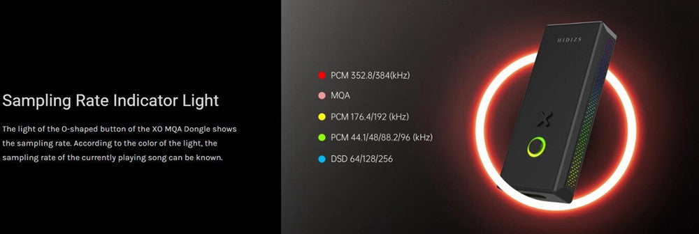 Black USB audio dongle with glowing sampling-rate indicator LEDs