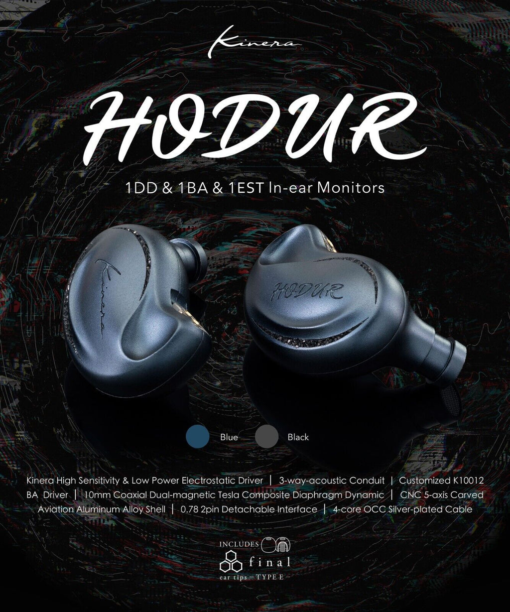 Kinera Hodur in-ear monitors, blue and black earbuds shown together