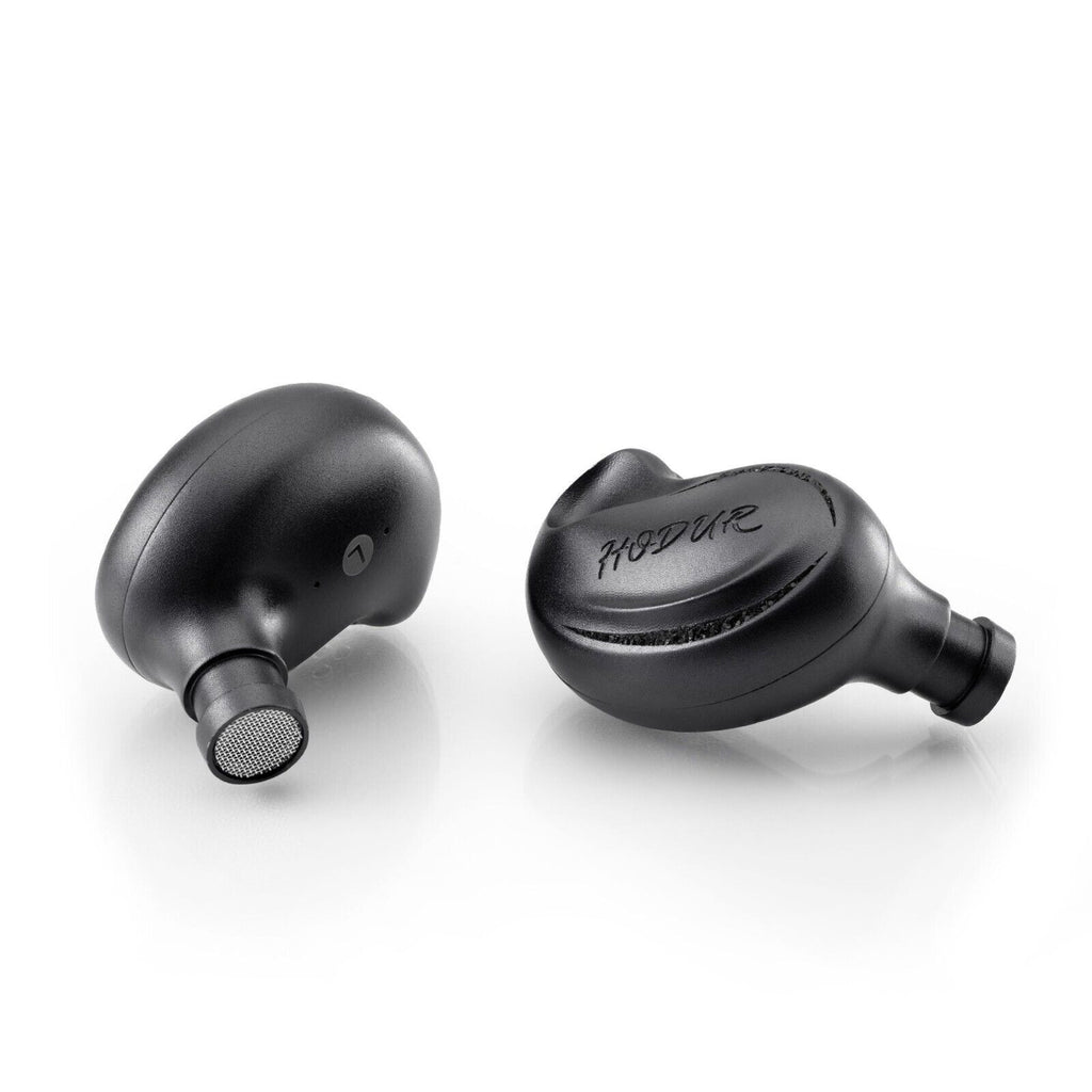 Kinera Hodur black in-ear monitors, front and side views with mesh speaker grilles