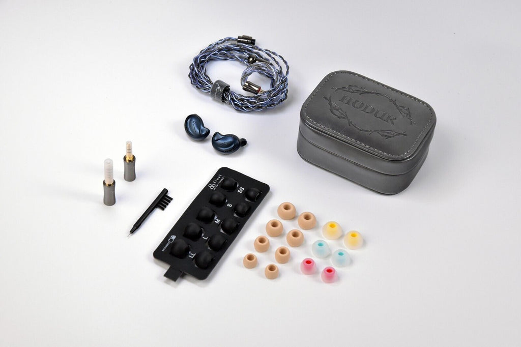 Kinera Hodur accessory kit with black case, ear tips, cable, and small tools