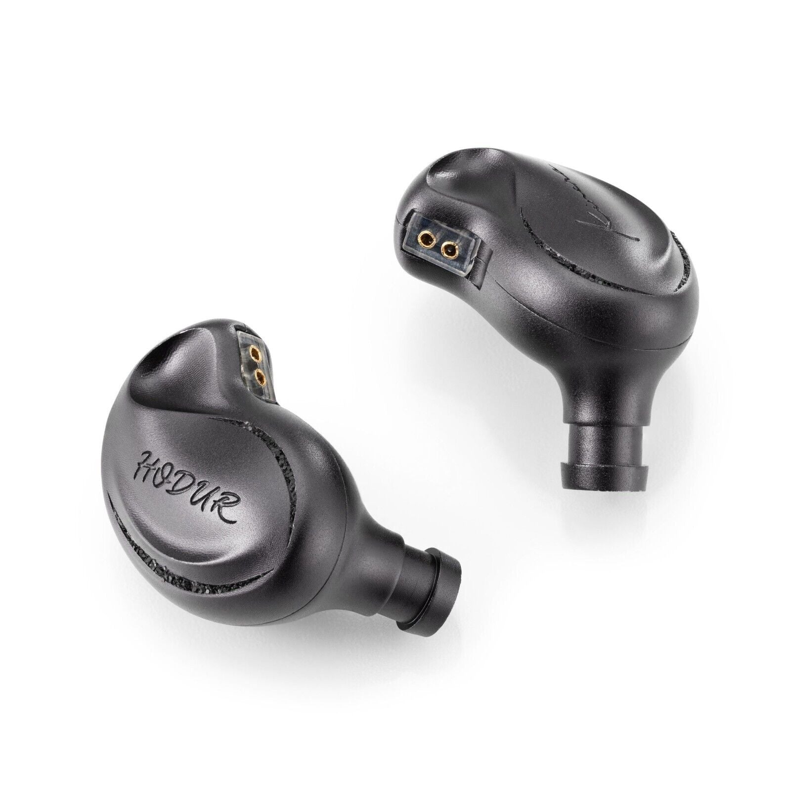 Kinera Hodur black in-ear monitors, close side view with gold driver port openings