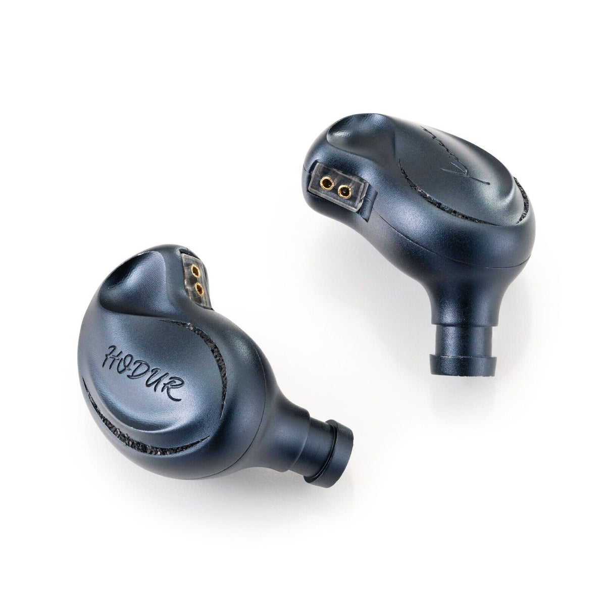 Kinera Hodur dark blue in-ear monitors, angled earbuds with inner port visible