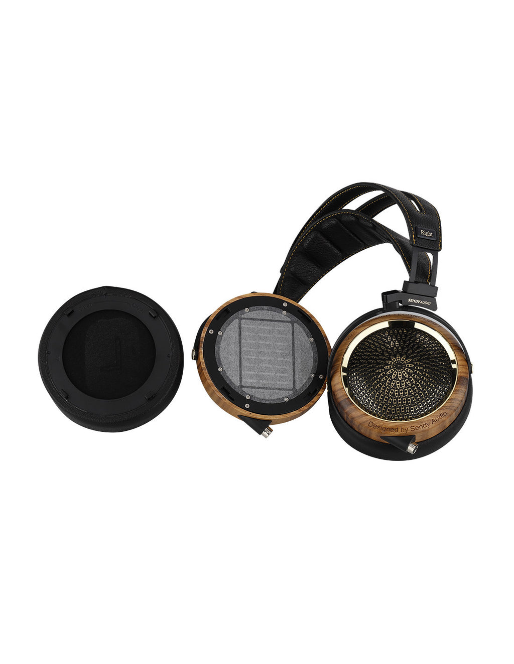 Open over-ear headphones showing inner drivers, with black caps and peacock-gold grille