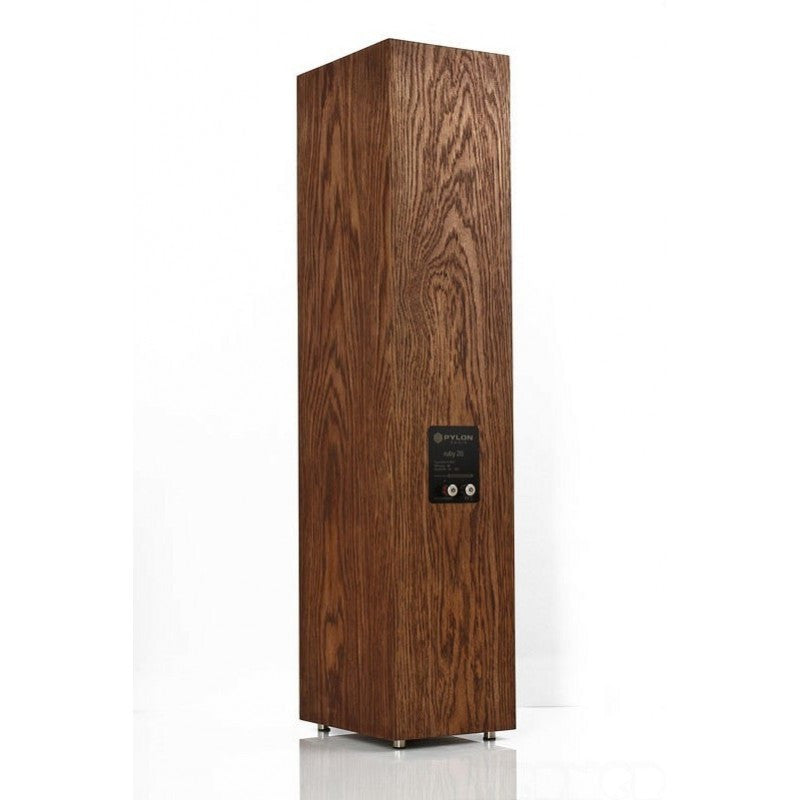 Walnut wood bookshelf speaker with rear panel label and black driver grilles
