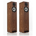 Bookshelf speaker pair in walnut wood with black tweeter and woofer grilles