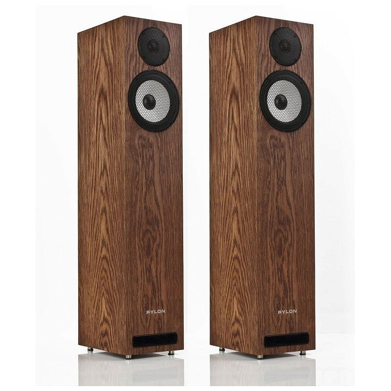 Bookshelf speaker pair in walnut wood with black tweeter and woofer grilles